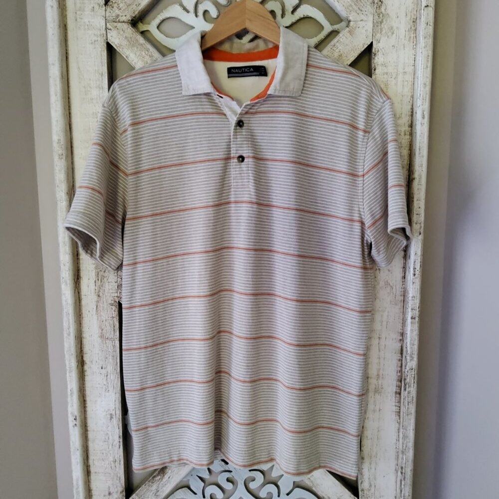 Nautica Men's Medium Short Sleeve Polo Shirt in Orange Beige Stripe